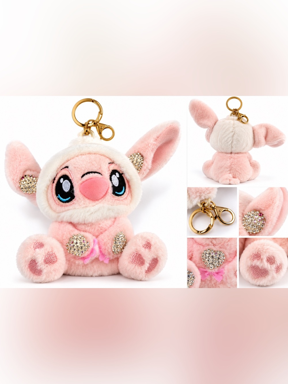Disney Lilo & Stitch Angel Pink Rhinestone Plush Keychain Bag Charm
